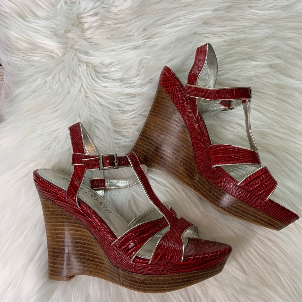 White House Black Market Red and Brown Heels with Vintage-Inspired Design